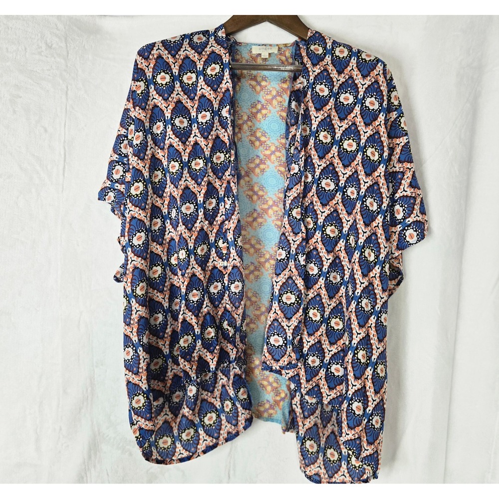 Umgee USA Womens Large Blue Orange Geometric Medallion Open Front Kimono A9705